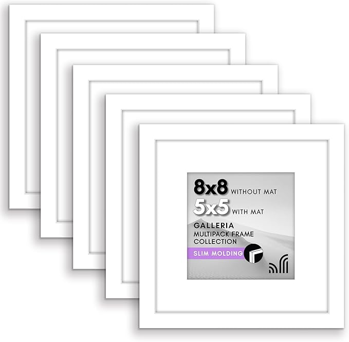 Americanflat 8x8 Picture Frame with Polished Plexiglass - Set of 5 - Use as 5x5 Frame with Mat or Display 8x8 Photo Without Mat - Galleria Collection - Square Frames for Tabletop and Wall - White