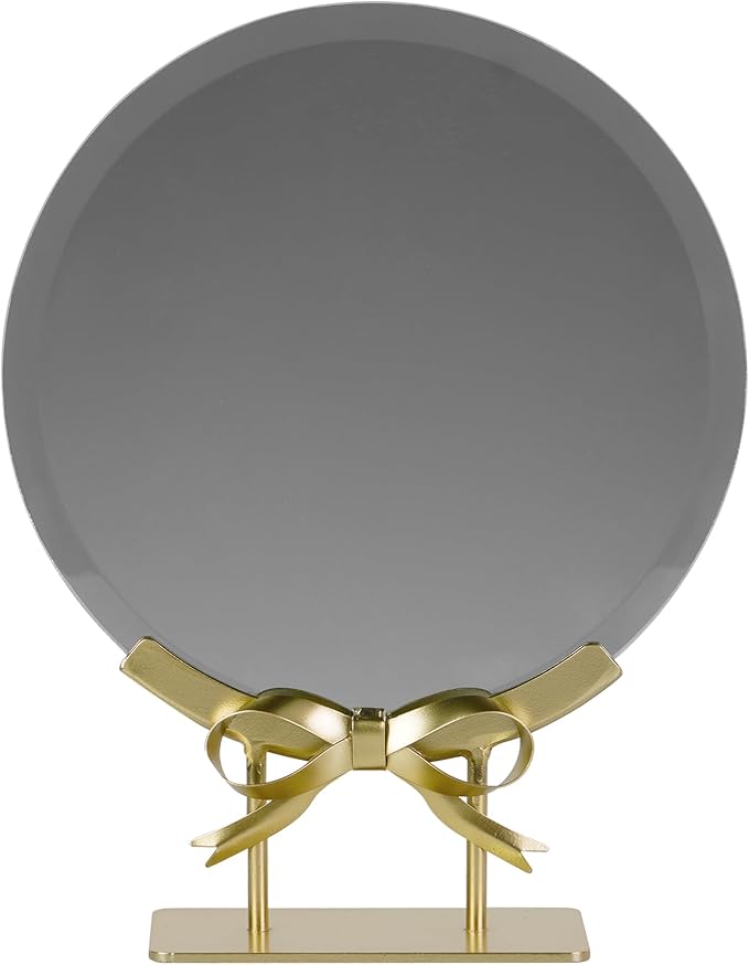 Golden Round Makeup Mirror with Bow Stand - Detachable Base French-Inspired Elegant Tabletop Luxury Vanity Mirror for Living Room, Bedroom, 7.95 x 10.04 Inches