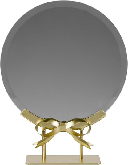 Golden Round Makeup Mirror with Bow Stand - Detachable Base French-Inspired Elegant Tabletop Luxury Vanity Mirror for Living Room, Bedroom, 7.95 x 10.04 Inches