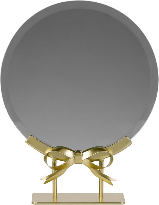 Golden Round Makeup Mirror with Bow Stand - Detachable Base French-Inspired Elegant Tabletop Luxury Vanity Mirror for Living Room, Bedroom, 7.95 x 10.04 Inches