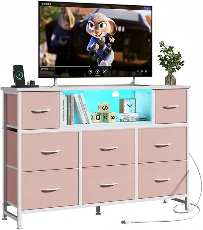 Simple Deluxe TV Stand Dresser with 8 Fabric Drawers and Open Shelves, Entertainment Center with LED Lights & Charging Station, Wood Top for 45" -55" TV, for Bedroom/Living Room/Hallway, Pink