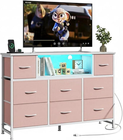 Simple Deluxe TV Stand Dresser with 8 Fabric Drawers and Open Shelves, Entertainment Center with LED Lights & Charging Station, Wood Top for 45" -55" TV, for Bedroom/Living Room/Hallway, Pink
