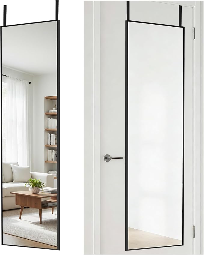 DUMOS 47x14 Full Length Mirror Over the Door, Wall Mounted Full Body Mirror, Door Hanging Metal Aluminum Alloy Frame Dressing Mirror for Bedroom, Living Room, Entryway, Black