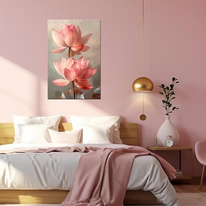 Pink Bathroom Decor Lotus Wall Art Flowers Pictures Modern Spring Floral Paintings Canvas Prints Artwork for Living Room Bedroom Home Decoration Framed