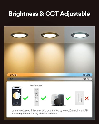 Lumary Black Smart WiFi Recessed Lights 4 Inch, Ultra-Thin LED Recessed Lights with J-Box, 9W 780LM Dimmable Canless Wafer Downlight, Works with Alexa/Google Assistant/BT Remote, ETL Listed, 1 Pack