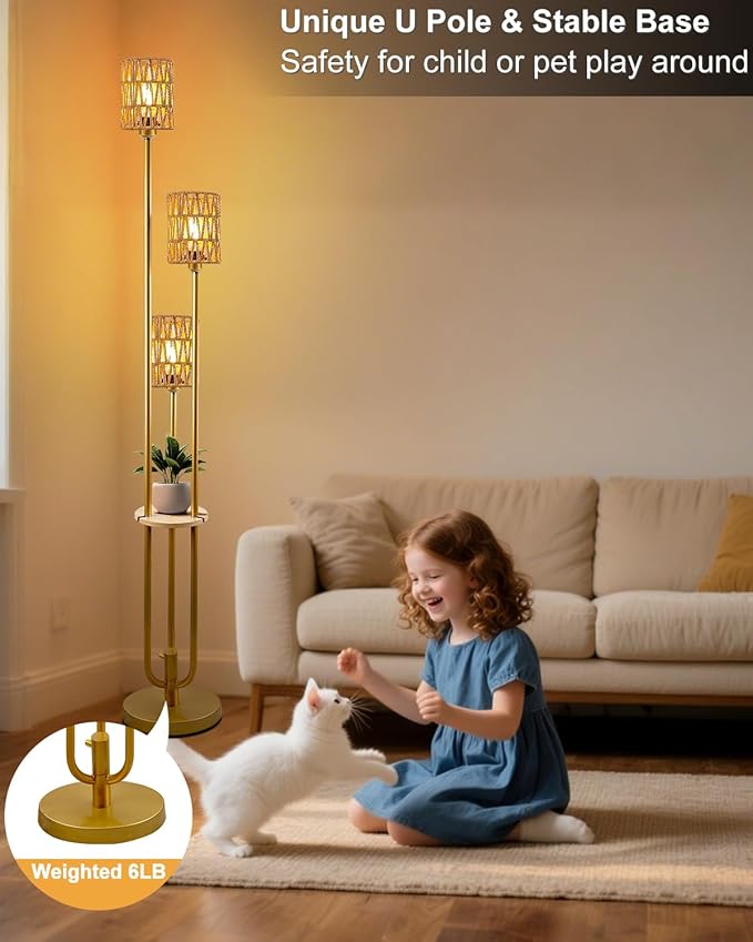 63IN Dimmable Floor Lamp with Shelf, Gold Rattan Tall Standing Lamps Candle Holder Style, 3000K Warmwhite Mid Century Modern Floor Lamp with 5Lbs Heavy Base for Living Room (Bulbs Included)