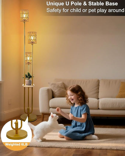 63IN Dimmable Floor Lamp with Shelf, Gold Rattan Tall Standing Lamps Candle Holder Style, 3000K Warmwhite Mid Century Modern Floor Lamp with 5Lbs Heavy Base for Living Room (Bulbs Included)