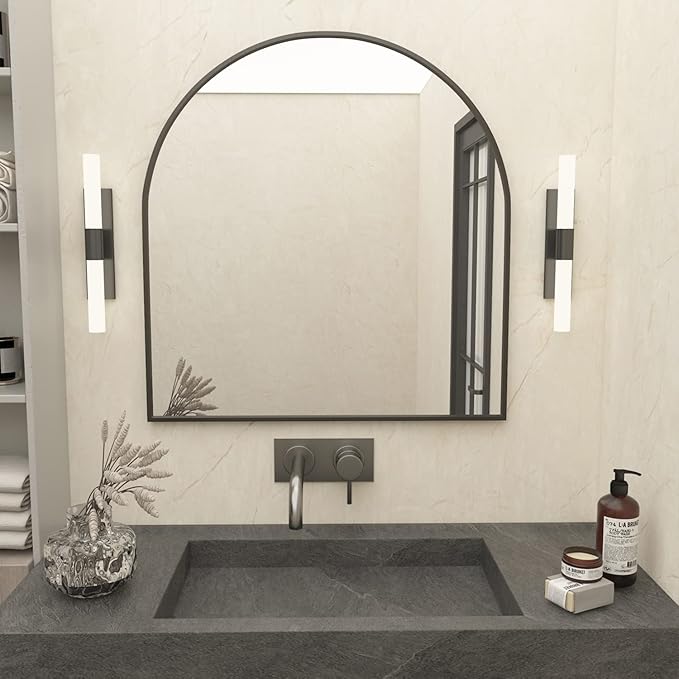 Wall Mounted Mirror, Arched Wall Mirror for Bathroom, 33"x31" Arch Bathroom Mirror with Metal Frame, Black Vanity Mirror Decor for Mantle, Bedroom, Entryway