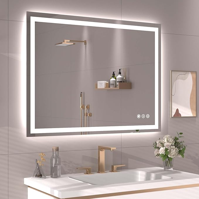 Snowdool 40"X30" LED Bathroom Mirror with Front Lights and Backlit, Anti-Fog, Dimmable, Shatter-Proof Tempered Glass, Lighted Bathroom Vanity Mirror for Wall with 3 Colors, Memory Function