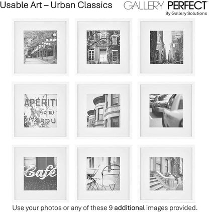 Gallery Perfect 12x12 Picture Frames, 9 Piece Set with Real Glass Cover for 8x8 Photos With Mat, Picture Frames Collage Wall Decor for Gallery Wall, Home Decor, White