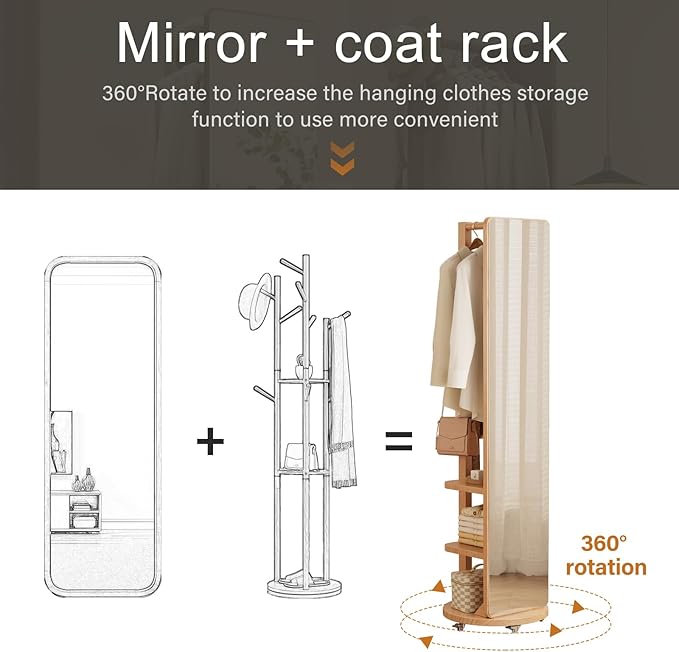 WoodsWhisper Full Length Mirror Coat Rack Solid Wood Floor Mirror 66"x12" Full Length Mirror with Stand Long Mirrors for Bedroom,Living Room (Natural-Mobile, 66" Lx12 W)