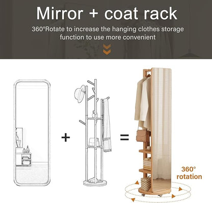 WoodsWhisper Full Length Mirror Coat Rack Solid Wood Floor Mirror 66"x12" Full Length Mirror with Stand Long Mirrors for Bedroom,Living Room (Natural-Mobile, 66" Lx12 W)