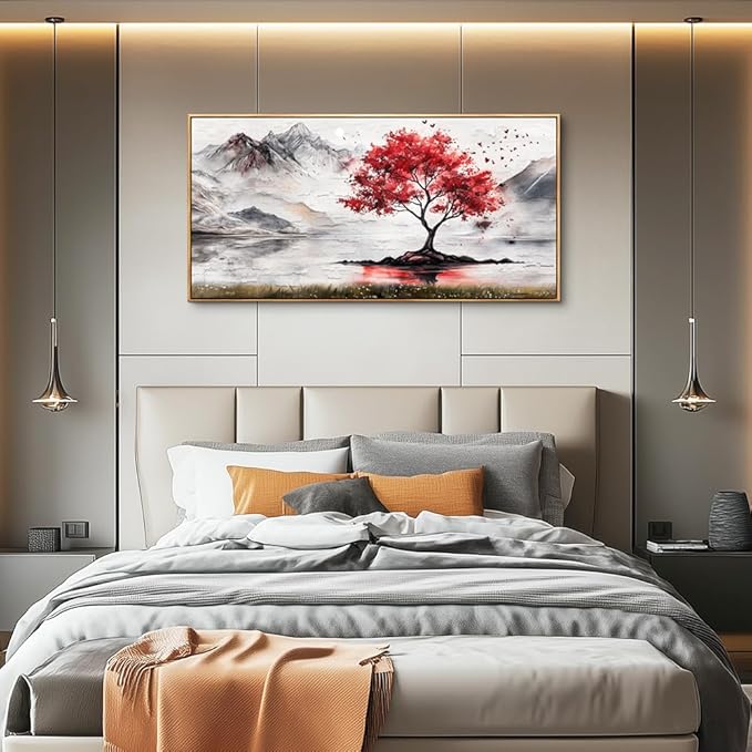 QIYILEXWART Wood Framed Canvas Wall Art For Living Room Wall Decor For Bedroom Office Wall Decorations Red Tree Painting Farmhouse Pictures Artwork Room Aesthetic Home Decor