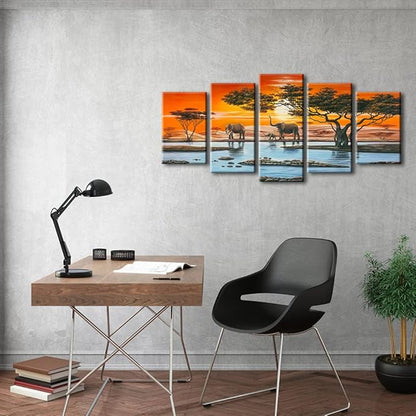 Wieco Art Elephant Family Canvas Prints Wall Art Animals Paintings Reproduction Pictures for Living Room Bedroom Home Decorations Modern 5 Panel Stretched and Framed African Landscape Giclee Artwork