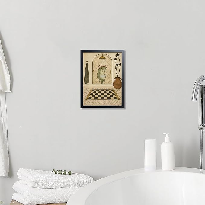 Funny Frog Bathroom Wall Art, Cute Frog Picture Wall Decor, Bathroom Animal Canvas Print Painting for Home Dorm Apartment Toilet Decor 8x10 Inch Framed