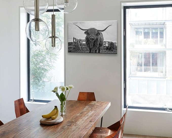 Highland Cow Wall Art Black and White Canvas Picture Animal Poster Framed Art Wall Decor for Living Room Bathroom (12x16 inch)