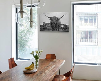Highland Cow Wall Art Black and White Canvas Picture Animal Poster Framed Art Wall Decor for Living Room Bathroom (12x16 inch)