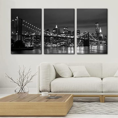 Pacimo New York Brooklyn Bridge Canvas Wall Art 3 Panels Night View Modern Landscape Artwork Cityscape Pictures Prints on Canvas Wall Decor for Home & Office Decoration - 16 x 24 inch x 3