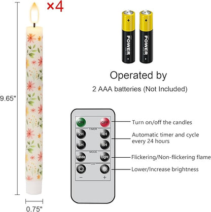 Flickering Flameless Taper Candles with Remote and Timer, 4 Pack Real Wax Battery Operated LED Taper Candles 3D Wick Yellow Flower Decal Dinner Wedding Spring Home Decor(0.75" D x 9.65" H)