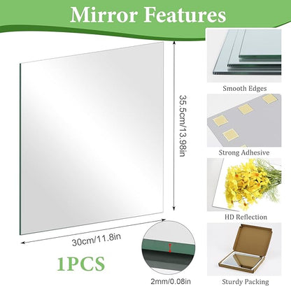 14 x 12 inch Glass Wall Mirror Tile Self Adhesive Frameless High Clear Mirror Sheet for Wall, Home Gym, Door, Bathroom, Bedroom Decor