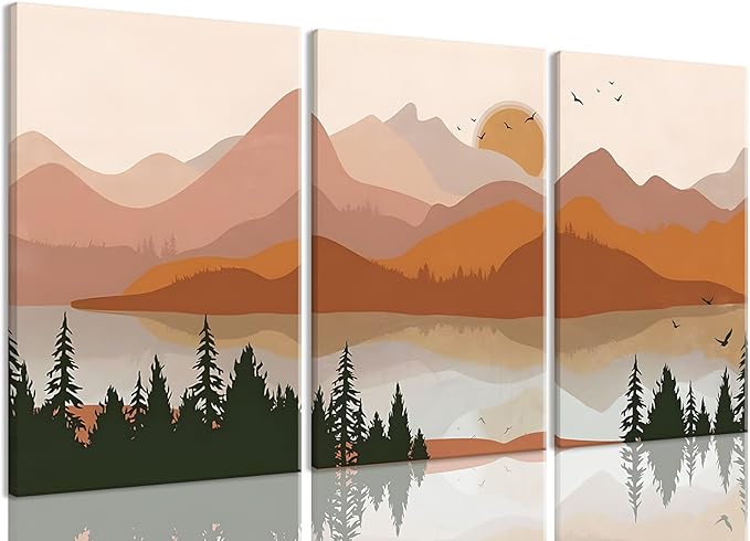 Bwodke Canvas Wall Art Boho Mountain Framed Wall Art Set of 3 Watercolor Nature Landscape Picture Decor Sun Forest Prints Artwork for Living Room Bedroom Office 12"x16"