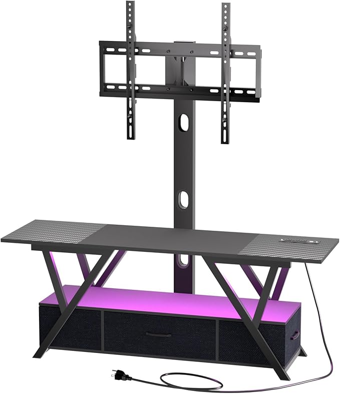 TV Stand with Swivel Mount and Power Outlet,Black Entertainment Center with LED Lights for 32-70 Inch TV, TV Console Table with Fabric Drawers Storage for Bedroom/Living Room