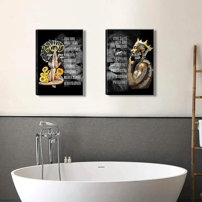 2 Pecs Framed Black King and Queen Wall Art Black Couple African American Men Portrait Wall Art Black Men Art Afro King Poster Abstract Contemporary Canvas Prints Painting Home Decor for Bedroom