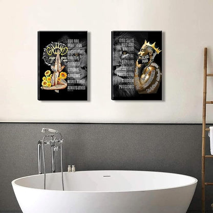 2 Pecs Framed Black King and Queen Wall Art Black Couple African American Men Portrait Wall Art Black Men Art Afro King Poster Abstract Contemporary Canvas Prints Painting Home Decor for Bedroom