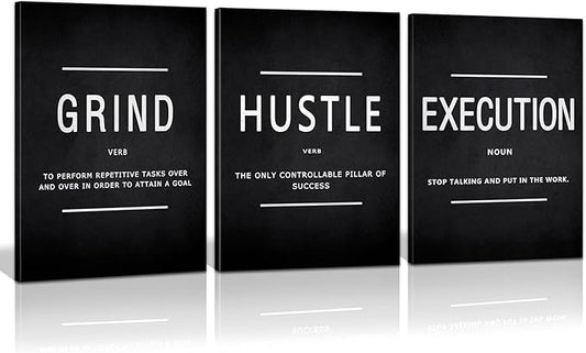 Large Office Painting, Grind Hustle Execution Motivational Poster Entrepreneur Quotes Workplace Canvas Wall Artwork Decoration 3 Panels for Office Home Framed