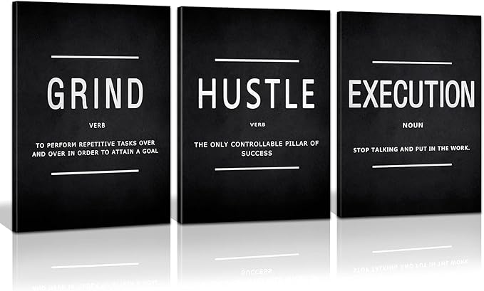 KAWAHONE Grind Hustle Execution Quotes Framed Wall Art, Inspirational Painting Prints Poster Wall Decor Motivation Canvas Entrepreneur Wall Picture for Home Office Business Workplace Ready to Hang