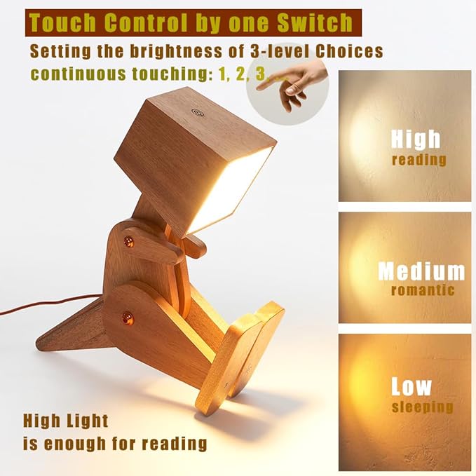 Novelty Cool Wood Dinosaur Table Lamp for Bedroom, Kids Room, Bedside - 3 Levels Dimmable Touch Switch Adjustable Robot Design Natural Finish Desk Light for Living Office Dorm Farmhouse (Brown)