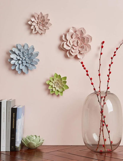 SEINHIJO Ceramic Flower Wall Decor 3D Wall Art Sculpture Modern Art Gift for Bedroom Living Room Home Office Pink 7.1 Inch