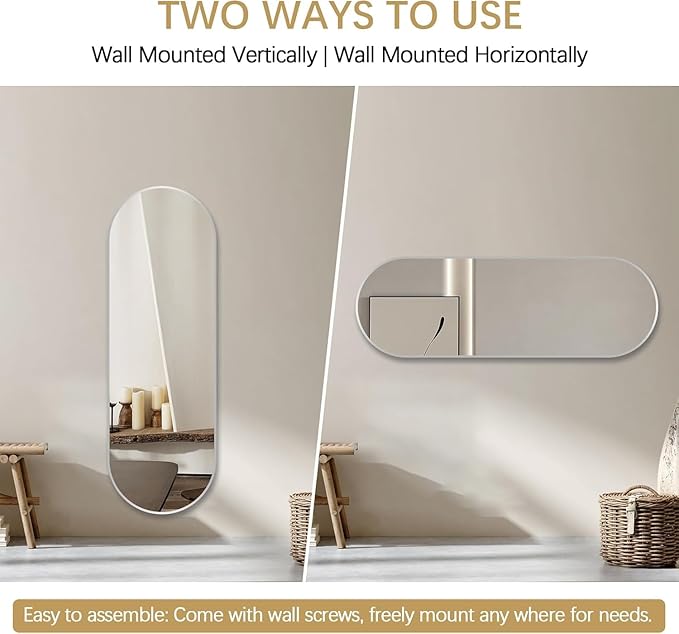 Niccy 65"×22" Oval Full Length Mirrors, Long Wall-Mounted Mirror with Aluminum Frame, Large Body Mirrors for Living Room, Explosion-Proof Hanging Wall Mirror for Bathroom Bedroom Entryway, Silver