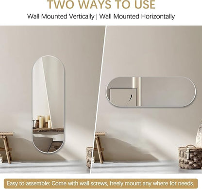 Niccy 65"×22" Oval Full Length Mirrors, Long Wall-Mounted Mirror with Aluminum Frame, Large Body Mirrors for Living Room, Explosion-Proof Hanging Wall Mirror for Bathroom Bedroom Entryway, Silver