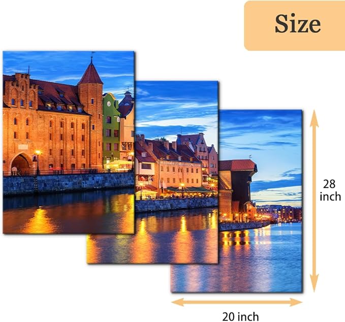Pacimo 3 Pieces Framed Wall Art Decorations Wisla River Landscape Painting Print on Canvas Gdansk Poland Cityscape Wall Art for Home Office Decor Modern Artwork Stretch Ready to Hang - 20"x28"x3