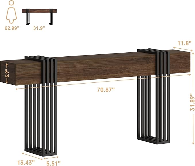knoworld 71 Inch Long Console Table, Extra Thick Industrial Sofa Table Behind The Couch Rectangular Entryway Table for Entrance Hallway Living Room, Entire top Board & 4-Pipe Legs, Walnut