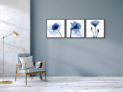 Wieco Art Framed Wall Art Blue Abstract Flowers 3 Panels Canvas Prints Home Art Modern Artwork Wall Pictures for Living Room Bedroom and Home Decorations Black Frame