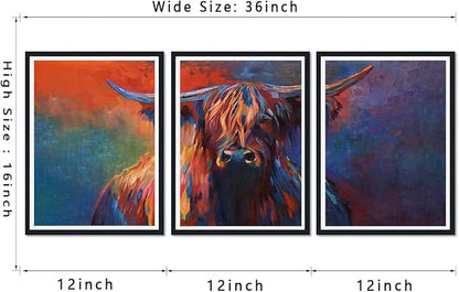 Colorful Highland Cow Framed Canvas Wall Art Set of 3 Vibrant Abstract Cow Decor for Office Nursery Living Room Bedroom Funny Farmhouse Cow Print Artwork Wall Decor Easy to Hand 12x16inchx3pcs