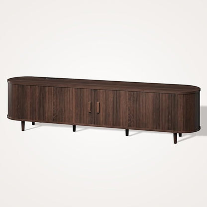 70" Mid Century Modern TV Stand, Wood TV Consoles with Sliding Doors and Power Outlet, Entertainment Center with Adjustable Shelves, Fluted TV Stands for Living Room, Walnut