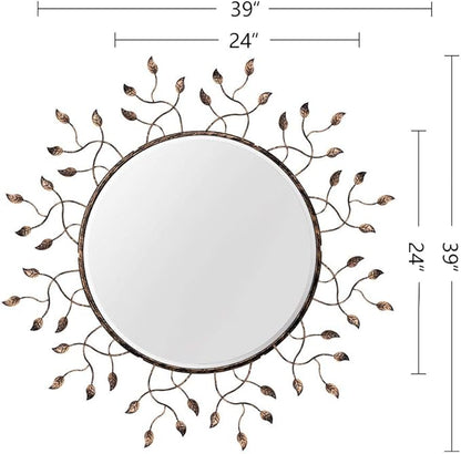 Chende Round Decorative Mirror for Wall Decor, 39" x 39" Large Living Room Mirror with Removable Metal Leaves for Entryway, Home Office, Bedroom,Farmhouse