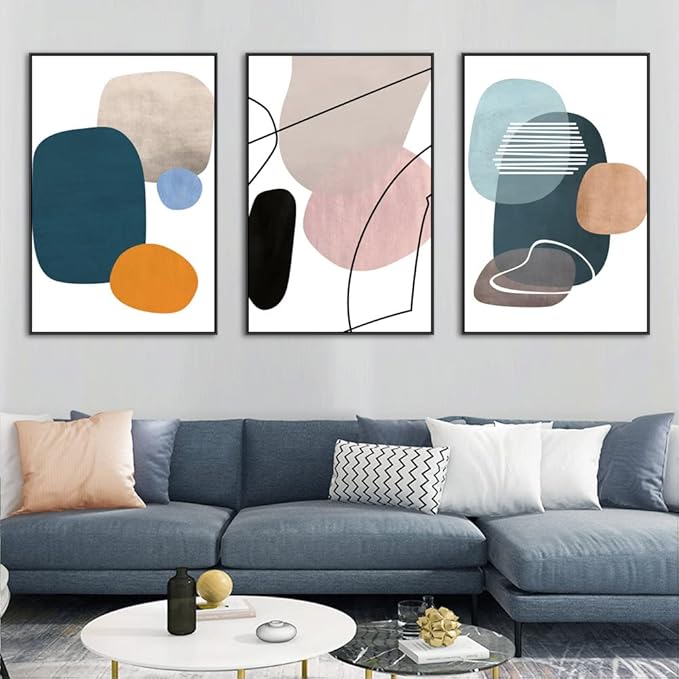 MPLONG Wall Art 3 Pieces Of Framed Decorative Paintings Abstract Simple Orange White Blue And Other Color Blocks Wall Art Canvas Prints Wall Decor Gifts Size 16" x 24" x 3 Panels