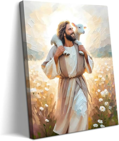 Jesus Canvas Wall Art Print – Christian Wall Decor Poster Painting of Jesus Carrying the Lamb, Inspirational Religious Decor for Living Room, Church or Prayer Room – 12"x16" Framed