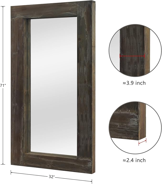 NeuType Floor Mirror Full Length, 71x32in Rustic Wood Frame Full Body Dressing Mirror, Wall-Mounted or Leaning Against Wall Standing Mirror, Farmhouse Decor for Bedroom Living Room,Retro Brown