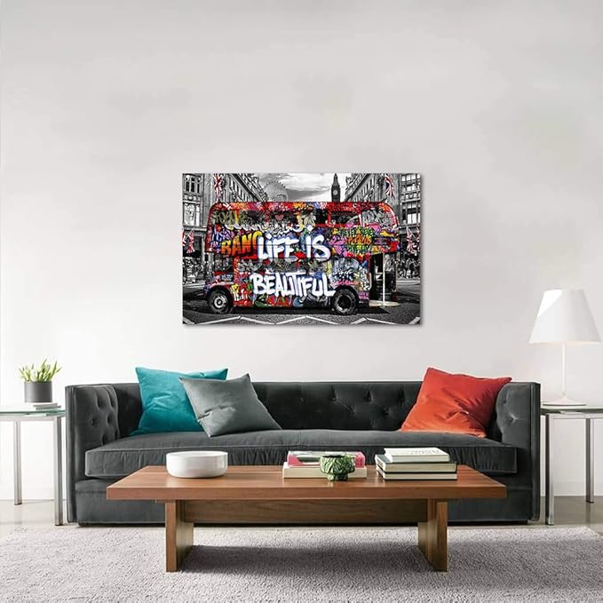 Graffiti Street Wall Art Banksy Painting Artwork Framed Life is Beautiful Wall Decor Canvas Prints Graffiti Picture for Living Room Office Bedroom Ready to Hang -44" Wx28 H