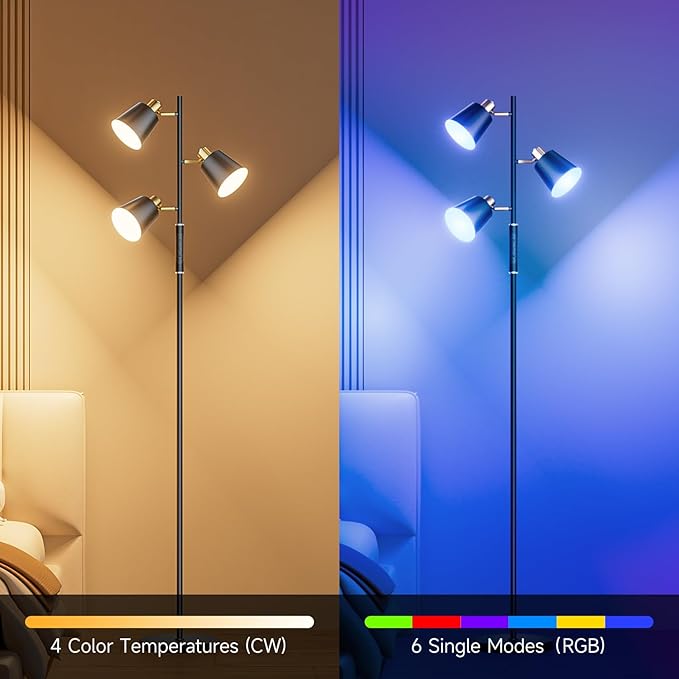 Upgraded RGB Tree Floor Lamp, 2500LM Super Bright Standing Lamp with 9 Dynamic Modes, 10 Color Temperatures, LED Floor Lamp with 3 Rotatable Lights, Modern Floor Lamps for Living Room Gaming Room