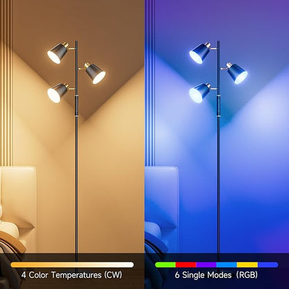 Upgraded RGB Tree Floor Lamp, 2500LM Super Bright Standing Lamp with 9 Dynamic Modes, 10 Color Temperatures, LED Floor Lamp with 3 Rotatable Lights, Modern Floor Lamps for Living Room Gaming Room