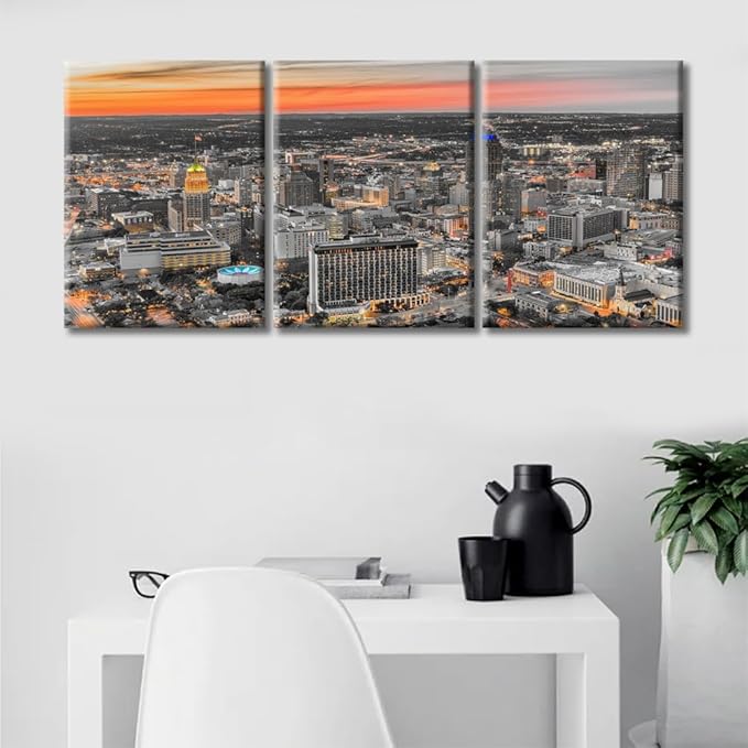 TUMOVO San Antonio Texas USA Skyline at Dusk Wall Art Canvas Print 3 Pieces RAmerican Cityscape Wall Decor for Bedroom City Skyline Artwork Paintings Wall Art Framed Ready to Hang (36" Wx16 H)