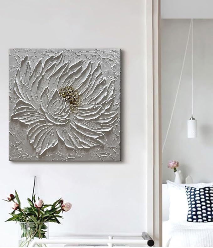 Slyart Handmade White 3D Floral Canvas Wall Art 24x24 Inches Abstract Flower Paintings Modern Contemporary Texture Wall Art White Artwork for Home Decorations