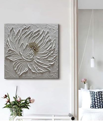 Slyart Handmade White 3D Floral Canvas Wall Art 24x24 Inches Abstract Flower Paintings Modern Contemporary Texture Wall Art White Artwork for Home Decorations