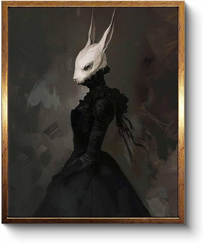 VIYYIEA Framed Canvas Wall Art Home Decor Gothic Room Decor Prints, Vintage Rabbit Lady Wall Decor, Aesthetic Dark Academia Easter Wall Pictures Gold Framed Goth Artwork 9x11in